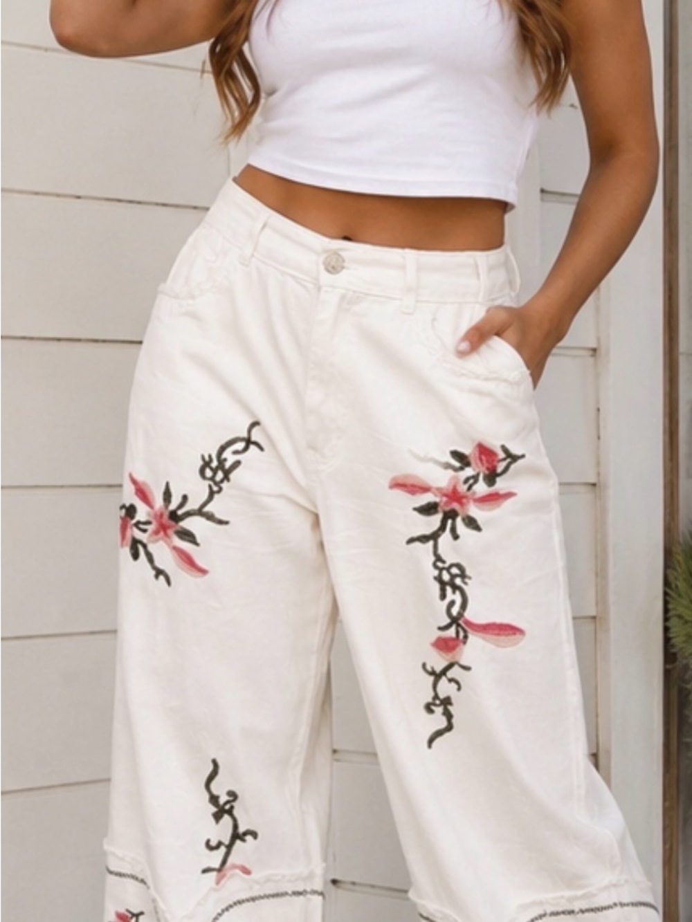 POL Embroidered Floral Wide-Leg Pants
